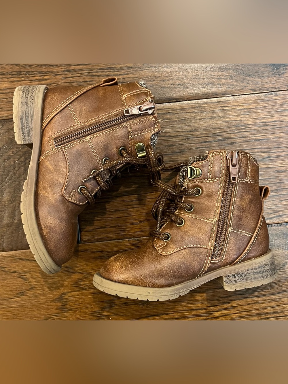 Wonder Nation Brown Faux Leather Glitter Lace Up GIRLS Boots Size 7 - Picture 2 of 5